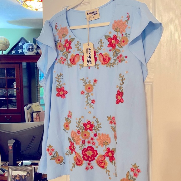 Savanna Jane Light Blue Shirt with yellow/green and pink Embroidery 1x - Picture 1 of 1